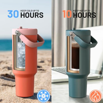 40 oz Insulated Tumbler with Top Handle and Flip Straw | Vacuum Insulated Stainless Steel Cup with Leak-Proof Lid, Sweat-Free, Fits Cup Holder, Keeps Ice Cold up to 30 Hours - color: Pink, size: 40 Ounces