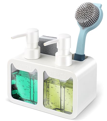 Kitchen Hand Soap and Dish Soap Dispenser Set, Dual Soap Dispenser with Sponge Caddy and Brush Holder 4-in-1 Organizer for Sink Countertop, Useful Kitchen Gadgets - White - color: White