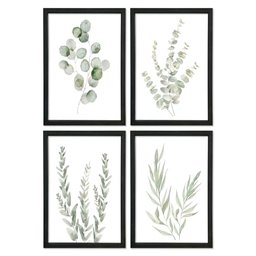 YWJKWLGS Bathroom Decor Sage Green Eucalyptus Botanical Wall Art 11x16 | Black Frame Watercolor Prints Sign Decor Minimalist Wood Framed Set of 4 for Laundry Room Office Wall Hanging - color: Botanical Watercolor (Black), size: 16"L x 11"W