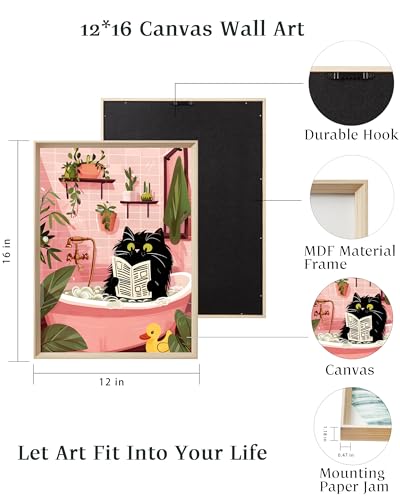 UPWOIGH Funny Cat Framed Bathroom Wall Art, 12 x 16 Inch, Set of 3 | Black Cats Reading and Bathing, Are You Pooping Quote, Pink and Green Prints, Beige Oak Frames for Restroom and Powder Room - color: pink and Blue