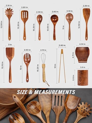 Kitchen Utensils Set, 12 Piece Teak Wooden Utensil Set for Cooking, Premium Teak Cooking Utensils, Non Toxic Wooden Spoons & Spatulas, Heat Resistant Kitchen Tools for Nonstick Cookware
