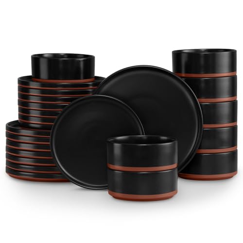 LIANYU 24 Piece Dinnerware Set for 8, Modern Style Stoneware Dinnerware Set | Scratch Resistant, Dishwasher Safe Bowl and Plate Sets, Ceramic Dish Dinner Set, Charcoal Black - color: Charcoal Black