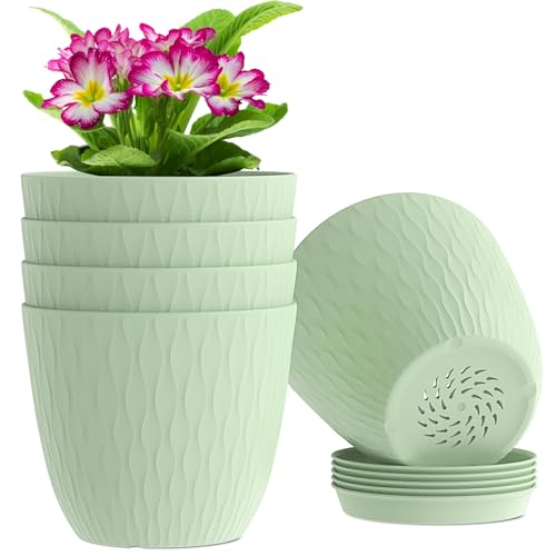 WSMKSZ 6 inch Plant Pots, 5 Pack Flower Pots with Drainage Holes and Saucers for Indoor Plants, Plastic Planters with Water Ripple for Small Garden House Plants, Nursery Pots for Succulent, Green - color: Green, size: 6inch 5pcs