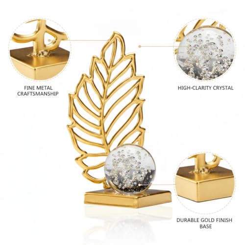 for Shelf, Desk, or Console Table Display: Modern Geometric Metal Leaf and Crystal Ball Sculpture Accent (1 PC) - size: 3.27 x 3.27 x 6.3 in