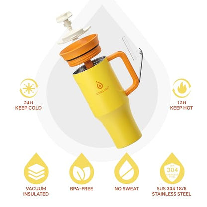 Ideus 32 oz Tumbler with Handle and Straw, 100% Leak Proof Dual Wall Vacuum Insulated Stainless Steel Travel Mug, Cup Holder Friendly, Yellow - color: Yellow