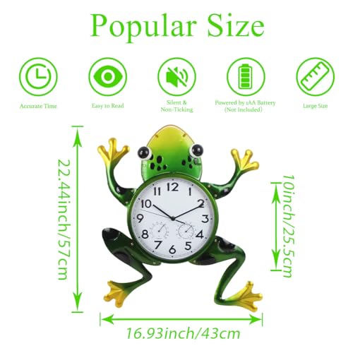 Large Outdoor Clock with Thermometer & Humidity | Silent Non-Ticking, Frog Outdoor Wall Clock, Outside Clock for Patio, Living Room, Kitchen - style: Large-Green Frog