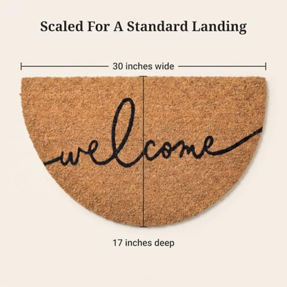 Half-Moon Welcome Doormat | 100% Natural Coir | Modern Script, Anti-Slip Backing | Semicircle Outdoor Front Door Mat - color: Warm Greeting - Arc