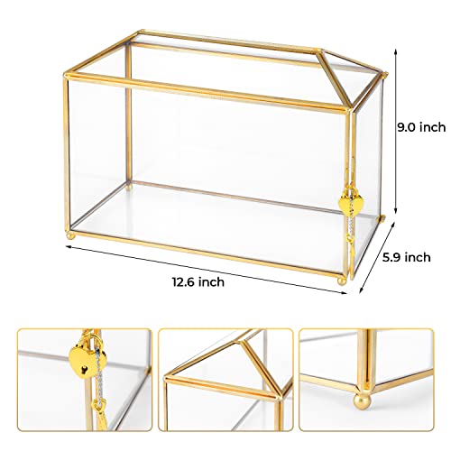 Glass Wedding Card Box with Lock, 12.6x5.9x9 inches Large Gold Card Boxes for Wedding Reception, Keepsake Display, Graduation, Party Centerpiece Decorative Box - size: 12.6 x 5.9 x 9 Inches without Arch