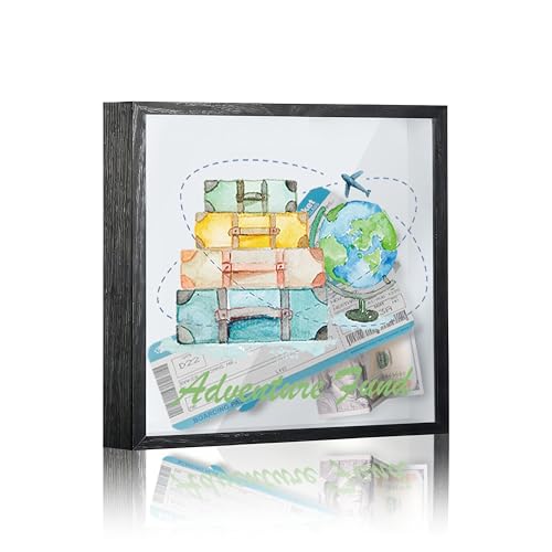 Travel Fund Box, 8×8 Adventure Fund Shadow Box Frame with Slot, Piggy Bank Money Saving Decoration for Graduation Baby Shower Wedding, Watercolor Suitcase Globe Memory Keepsake Gift -A11 - size: 8×8 watercolor globe suitcase