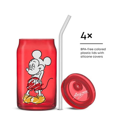 JoyJolt Disney Mickey Mouse and Friends Color Sketch Glass Tumblers with Lids and Straws, 16oz Glass Cups with Lids and Straws, Can Shaped Drinking Glasses Set of 4, Disney Gifts for Adults - style: Mickey Mouse