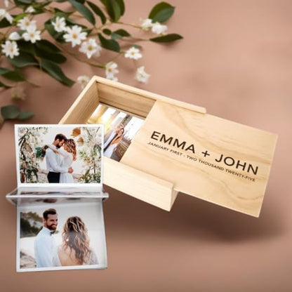 Koyal Wholesale Custom Engraved Minimal Couple Names Wedding Keepsake Box, 4 x 6 -inch, Custom Date, Natural Wood Keepsake Box with Lid, Gift for Him & Her Photo Album Memory Gift Box - color: Minimal Couple Names