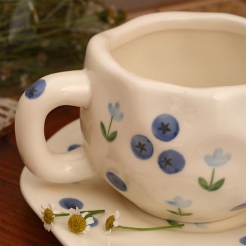 TREEWOO Hand Painted Blueberry Ceramic Coffee Cup and Saucer Set, 250ml/8 oz, Korean Style, Hand Pinched Irregular Cappuccino Latte Tea Cup - color: Blueberry