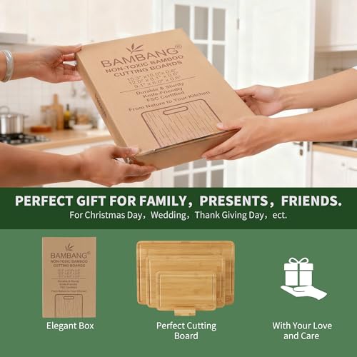 BAMBANG Bamboo Cutting Board Set, 3-Piece Wooden Chopping Boards for Kitchen, Non-Toxic Butcher Block with Juice Groove, Large Medium Small Cutting Boards for Meat, Vegetables & Cheese - color: Natural