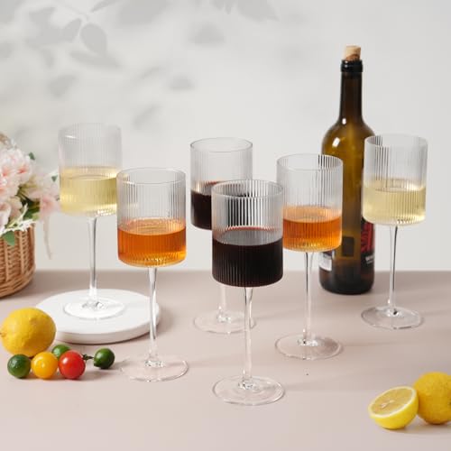 LUXULISH Ribbed Square Wine Glasses Set of 6, Vintage 13Oz White Red Wine Glass, Hand Blown Crystal Wine Glasses - Gifts for Women, Men, Wedding, Anniversary, Christmas, Birthday
