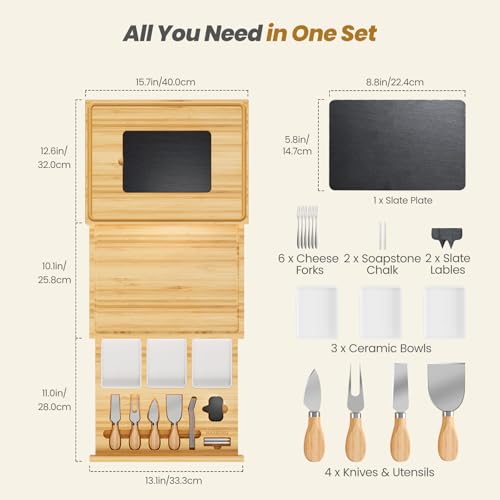 Extra Large Bamboo Charcuterie Board, 3-Layer Pull-Out Cheese Trays | 33.7"x15.7" 3-Layer Pull-Out Cheese Board with Slate Plate, Knife Set, Bowls, Ideal for Home Parties and Housewarming Gifts - color: Natural Bamboo