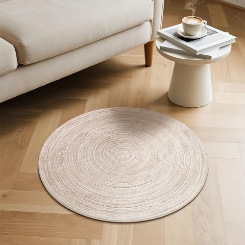 Carvapet 2 ft Round Washable Rug, Polyester Material Imitation Jute Low Pile Circle Carpet with Non Slip Rubber Backing, Foldable Stain Resistant Area Rug for Living Room Bedroom Office Bathroom - color: S-khaki, size: 2' (Round)