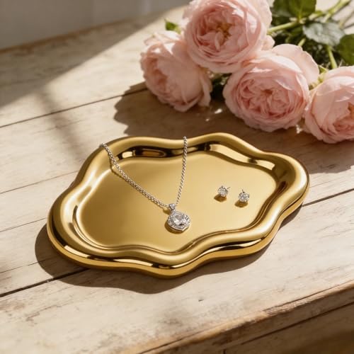 Ceramic Jewelry Tray Trinket Dish, Decorative Vanity Organizer Tray for Rings, Earrings, Necklaces Keys, Cloud Shaped Catchall Tray for Dresser, Bathroom, Entryway, Cute Aesthetic Home Decor (Gold) - color: Gold
