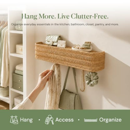 Handwoven Rattan Coat Rack Wall Mount with Shelf, 5 Hidden Hooks for Entryway, Modern Japandi Scandinavian Wall Organizer for Coats, Bags & Towels, Natural Minimalist Decor