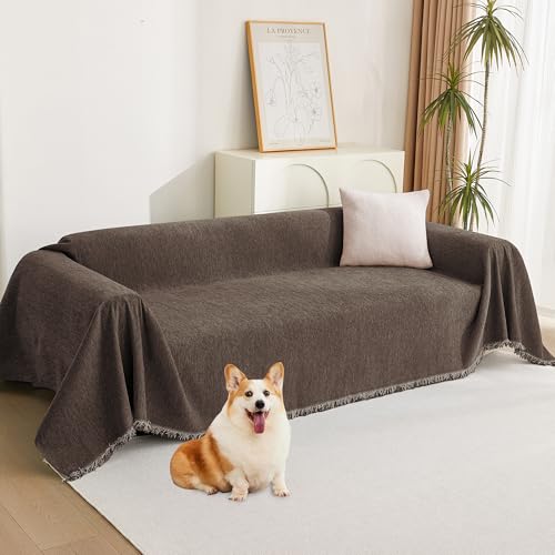MYSKY HOME Couch Covers for 2 Cushion Couch Sectional Sofa, L Shape Sofa Protector Deep Chocolate Chenille Couch Cover, Sofa Covers Washable Blanket with Tassel Pet Couch Cushion Cover, 71"X102" - color: Tassels Edge-deep Chocolate, size: 71" x 102"