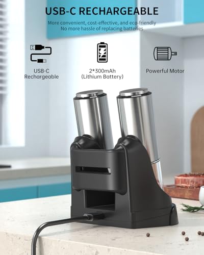 CIRCLE JOY Rechargeable Salt and Pepper Grinder Set Stainless Steel Electric Pepper Grinders with Variable Grinding Speed, External Adjustable Coarseness, Charging Base and White LED Light, Silver - color: 2-Speed Rechargeable Set with Charging Base
