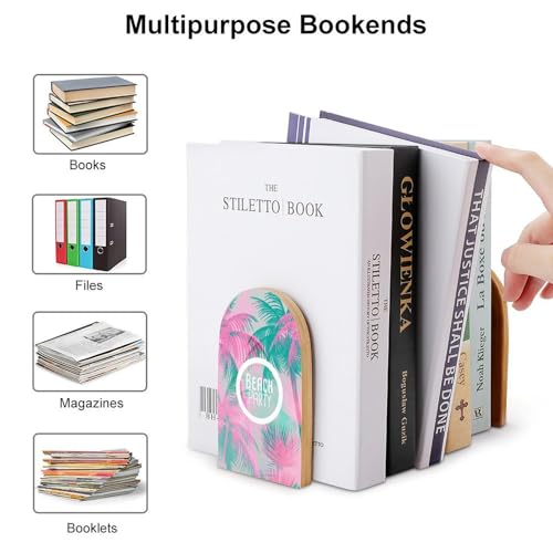 Heavy Duty Non-Slip Beech Wood Bookends, 1 Pair Adjustable Book Ends with Metal Base, Sturdy Book Organizer for Shelves, Home Office Library Tropical Background with Palm Tree - color: Tropical Background With Palm Tree