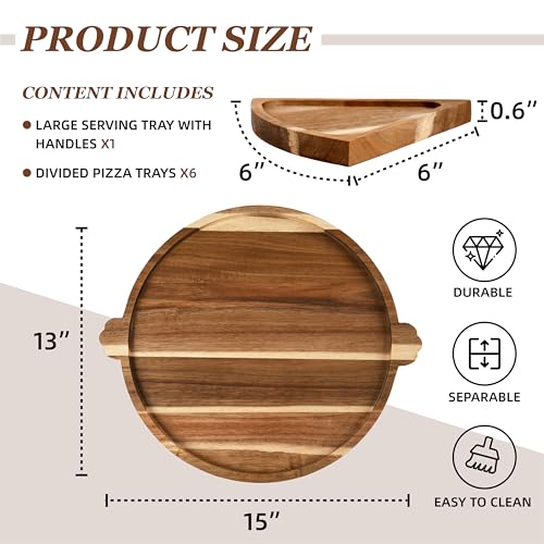 Acacia Wood Serving Tray with Handles, Round Charcuterie Boards with 6 Detachable Pizza Trays, Wooden Decorative Tray for Party, Coffee Table Tray for Home Decor, Bathroom, Kitchen Counter