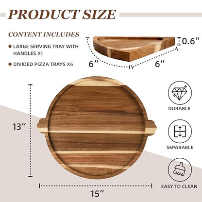 Acacia Wood Serving Tray with Handles, Round Charcuterie Boards with 6 Detachable Pizza Trays, Wooden Decorative Tray for Party, Coffee Table Tray for Home Decor, Bathroom, Kitchen Counter