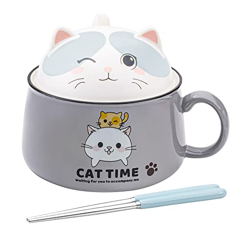 Ramen Bowl Set with Chopsticks, Cute Cat Instant Ramen Noodle Bowls with Lid, 34.5 OZ Extra Large Ceramic Soup Bowls with Handle, Japanese Ramen Cooker, Microwave safe (Gray) - color: Gray