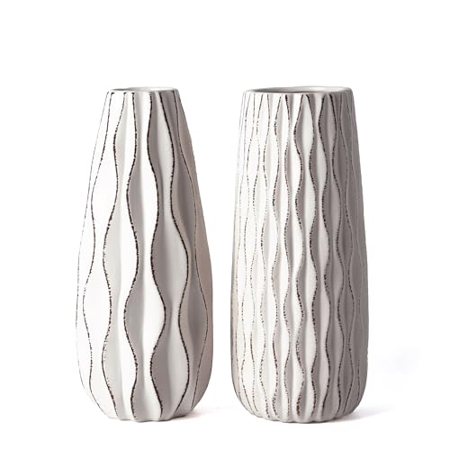 VICTOR & TERESA Ceramic Vase for Flowers, 8'' Set of 2 Decorative White Vases for Home Decor, Farmhouse Vases for Pampas Grass, Table, Mantel, Living Room, Shelf, Centerpieces, Gifts for Mom - color: White, size: Medium