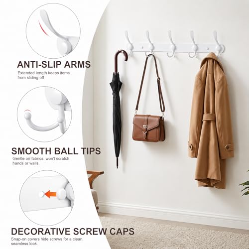 YUNISS Coat Rack Wall Mounted，5 Tri Stainless Steel Coat Hook for Coat Hat Robes Towel in Mudroom Entryway (White, 1 Pack 5 Hook) - color: White, size: 1 Pack 5 Hook