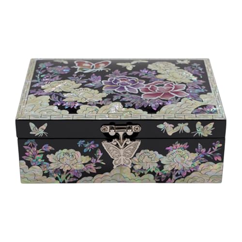 Korean Mother-of-Pearl Keepsake Box with Mirror – Floral & Butterfly Inlay – Handmade Trinket Memory Box – Black Lacquer Gift for Women, Birthday, Anniversary, Christmas (Peony & Butterfly) - style: Peony & Butterfly