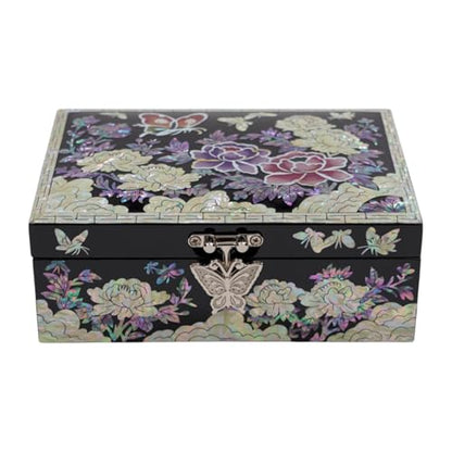 Korean Mother-of-Pearl Keepsake Box with Mirror – Floral & Butterfly Inlay – Handmade Trinket Memory Box – Black Lacquer Gift for Women, Birthday, Anniversary, Christmas (Peony & Butterfly) - style: Peony & Butterfly