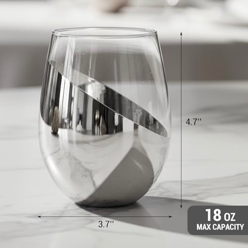 MyGift Modern Stemless Wine Glass Set of 6, White or Red Wine Glasses with Silver Metallic Bottom Angled Design - color: Silver- (Set of 6)