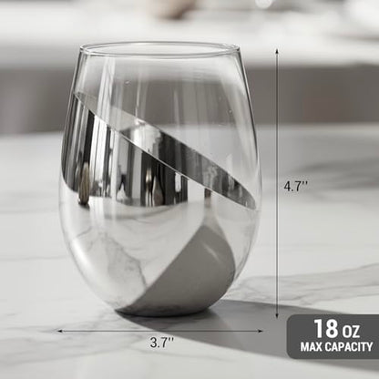 MyGift Modern Stemless Wine Glass Set of 6, White or Red Wine Glasses with Silver Metallic Bottom Angled Design - color: Silver- (Set of 6)