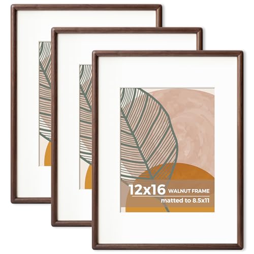 12 x 16 Walnut Frame Set of 3 - Rounded Corner 12x16 Picture Frame Matted to 8.5x11 - Natural Walnut Wood Photo Frame with Tempered Glass for Wall Mount Display - color: Walnut, size: 12x16 - 3P