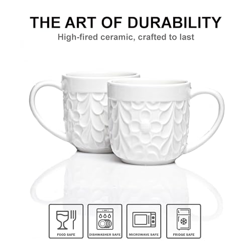 25DOL Small 3.3 Oz Ceramic Espresso Cups Set of 2 - White Cappuccino Cup with Nature Engravings and Comfort-Grip Handle - Expresso Coffee cups, Lead-Free Shot Mugs, Safe for Dishwasher, Microwave