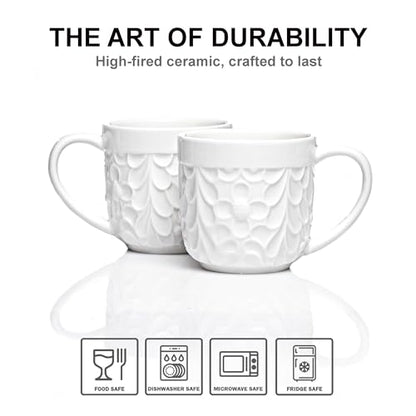 25DOL Small 3.3 Oz Ceramic Espresso Cups Set of 2 - White Cappuccino Cup with Nature Engravings and Comfort-Grip Handle - Expresso Coffee cups, Lead-Free Shot Mugs, Safe for Dishwasher, Microwave