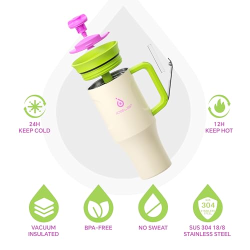 Ideus 32 oz Tumbler with Handle and Straw, 100% Leak Proof Dual Wall Vacuum Insulated Stainless Steel Travel Mug, Cup Holder Friendly, Cream White - color: Warm White