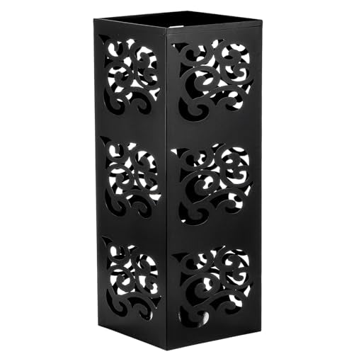 Kingrol Metal Umbrella Holder for Entryway, Square Black Umbrella Stand with Hollow Design, Freestanding Umbrella Rack for Umbrellas, Canes and Walking Sticks, 6 x 6 x 15.75 Inch