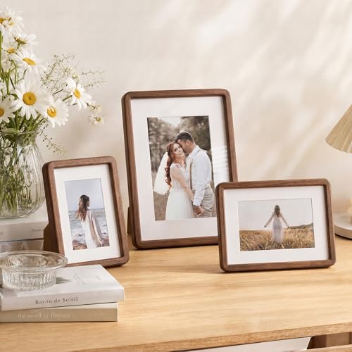 Acovy A5 (14.8x21cm) Picture Frame, Natural Solid Walnut | Handcrafted Wooden Photo Frame, Dual Use for Tabletop & Wall Mount, Matted to Fit A6 Photos, HD Tempered Glass - color: Walnut, size: A5(14.8x21cm)