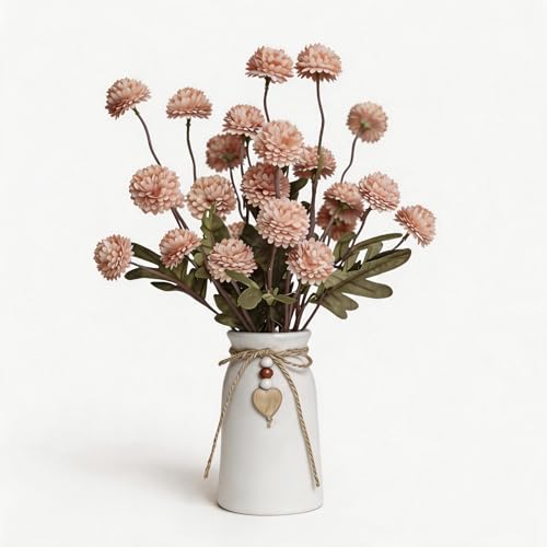 Artificial Chrysanthemum Flower Arrangement in Rustic Ceramic Vase with Heart Charm, 25 Heads Faux Pompon Mum Bouquet, 15'' Farmhouse Table Centerpiece for Dining Table, Home Décor, Pink - color: Pink