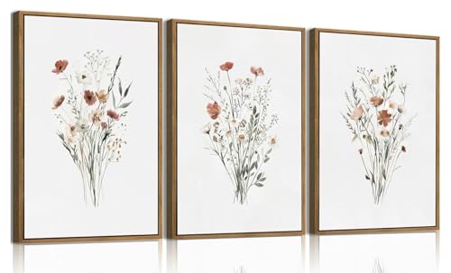 KISSFOX Framed Wildflower Wall Art Floral Canvas Wall Art Flower Pictures Wall Decor Watercolor Daisy Botanical Paintings Set of 3 for Bedroom Bathroom Living Room - color: Watercolor flowers, size: 16x24 In Natural Framed