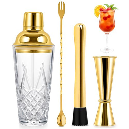 Glass Cocktail Shaker Set with Gold Lid,Cocktail Shaker Glass Kit with Built-in Strainer, Jigger, Bar Spoon & Muddler, Leakproof Glass Shaker for Home Bar, Cocktails, Martini, Gift(4-Piece)