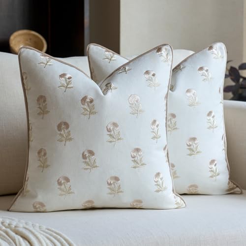 FIOUOVO Embroidered Floral Pillow Covers 20x 20 Set of 2 Cotton Farmhouse Throw Pillow Covers with Piping Edge Decorative Cushion Covers for Sofa Couch Bedroom Living Room, Beige - color: Beige, size: 20" x 20" (Pack of 2)