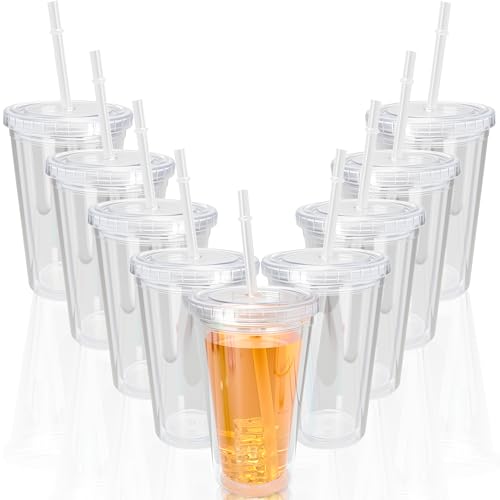 9 Set 16 oz Insulated Plastic Tumbler Double Wall Plastic Cup with Lids and Straw for Home Iced Coffee Water Juice Birthday Wedding Party Supplies (Color Set 2) - color: Color Set 2