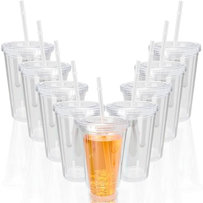 9 Set 16 oz Insulated Plastic Tumbler Double Wall Plastic Cup with Lids and Straw for Home Iced Coffee Water Juice Birthday Wedding Party Supplies (Color Set 2) - color: Color Set 2