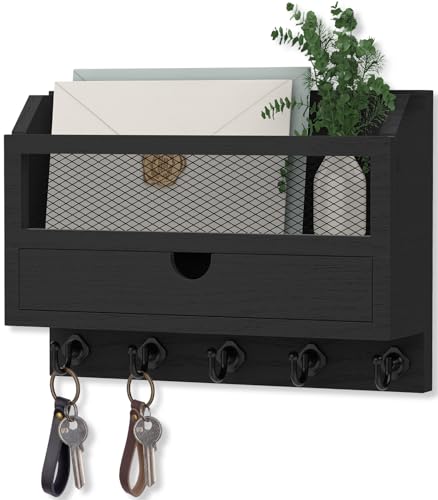 Nekon Key and Mail Holder for Wall, Key Organizer with 5 Hooks & Storage Drawer, 11" W x 7.9" H x 3.1" D Wooden Key Rack for Entryway and Home Decor (Black) - color: Black