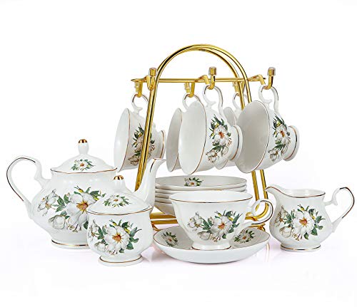 CHENP.HMC Porcelain Tea Cup Set 22-Piece Ceramic Coffee Tea Sets (Camellia) | Cups Saucer Service for 6 Teapot Sugar Bowl Creamer Pitcher and Teaspoons Tea Pot Sets - color: White Green