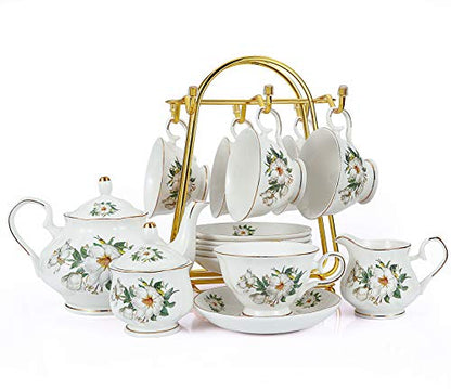 CHENP.HMC Porcelain Tea Cup Set 22-Piece Ceramic Coffee Tea Sets (Camellia) | Cups Saucer Service for 6 Teapot Sugar Bowl Creamer Pitcher and Teaspoons Tea Pot Sets - color: White Green