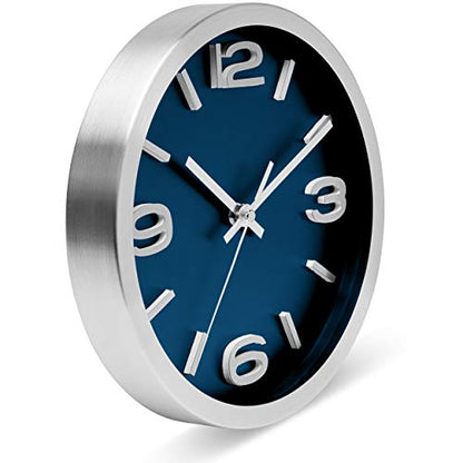 Bernhard Products Wall Clock 10 Inch Modern Silver Round Elegant Metal Quality Quartz, Silent Non Ticking Battery Operated Home Office Clock with 3D Numbers (Silver & Prussian Blue) - color: Silver & Prussian Blue